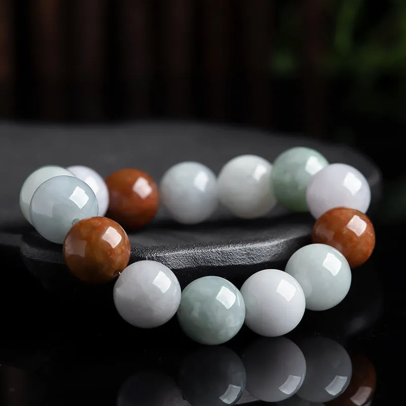 Women's natural Myanmar jade bracelet with three colours in 13mm round beads