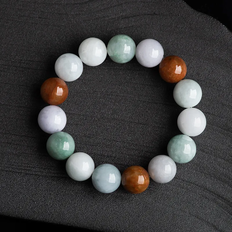 Women's natural Myanmar jade bracelet with three colours in 13mm round beads