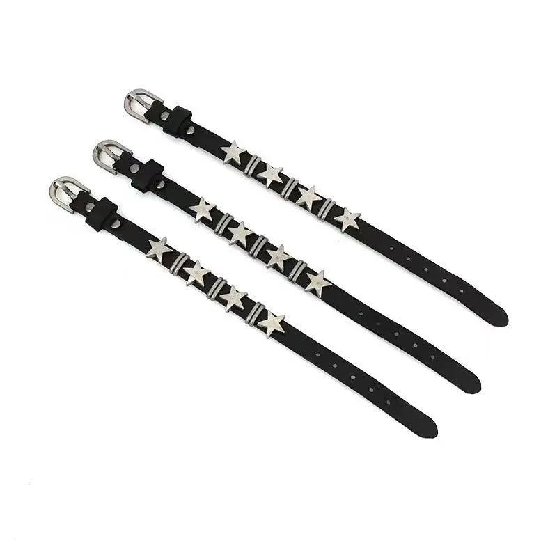 Black cowhide leather bracelet with five-pointed star design, unisex, retro punk style