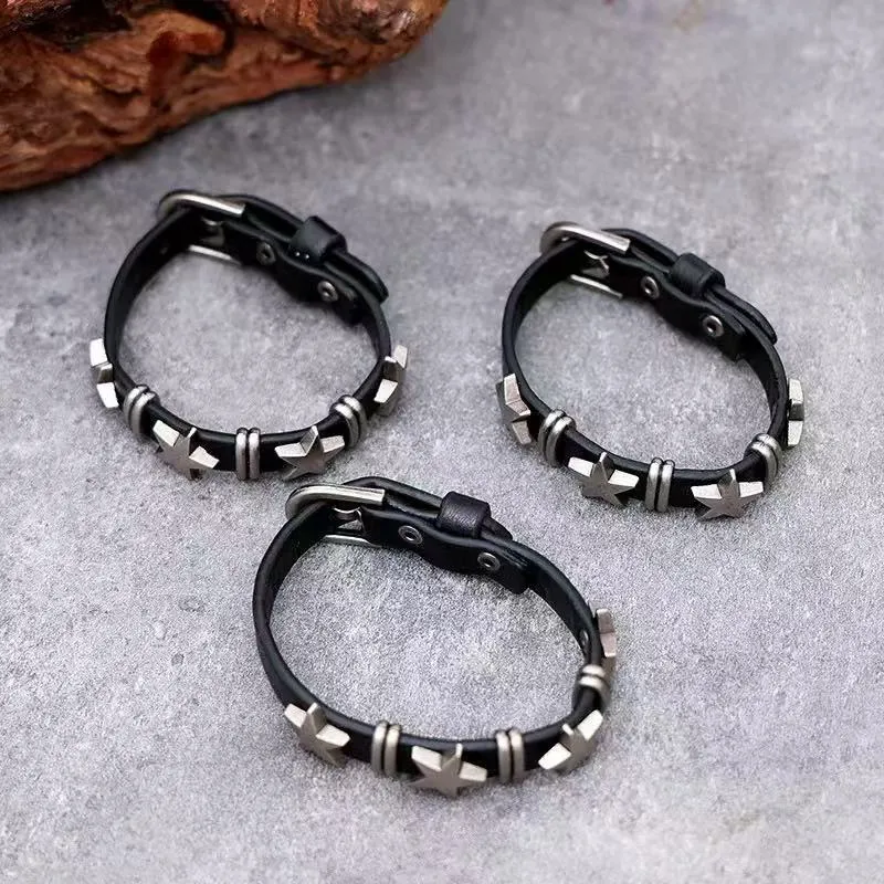 Black cowhide leather bracelet with five-pointed star design, unisex, retro punk style