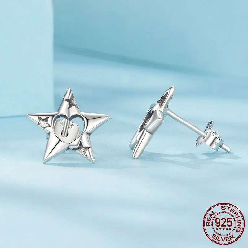 S925 sterling silver hollow pentagram star stud earrings, polished finish, SCE1886 colour, on white background