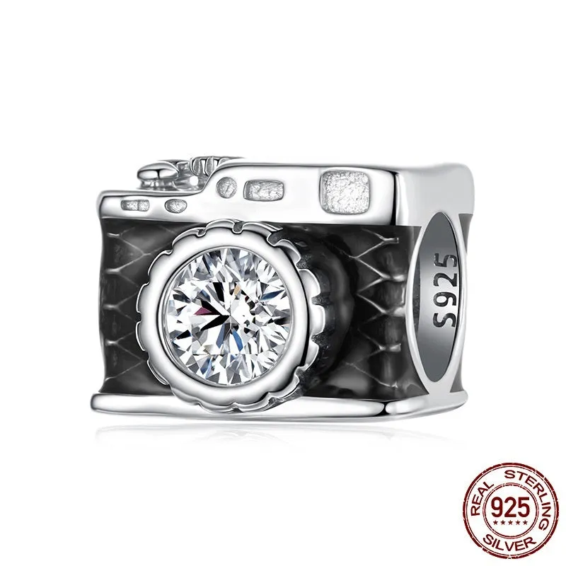 Zircon S925 sterling silver camera bead with dripping oil finish, height 0.8cm width 1.0cm aperture 0.45cm