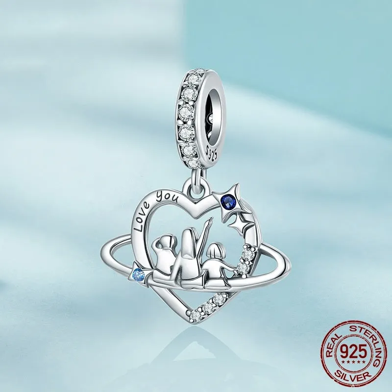 S925 sterling silver loving heart pendant bead for DIY jewellery, height 2.2cm width 1.8cm aperture 0.45cm, colour SCC3075