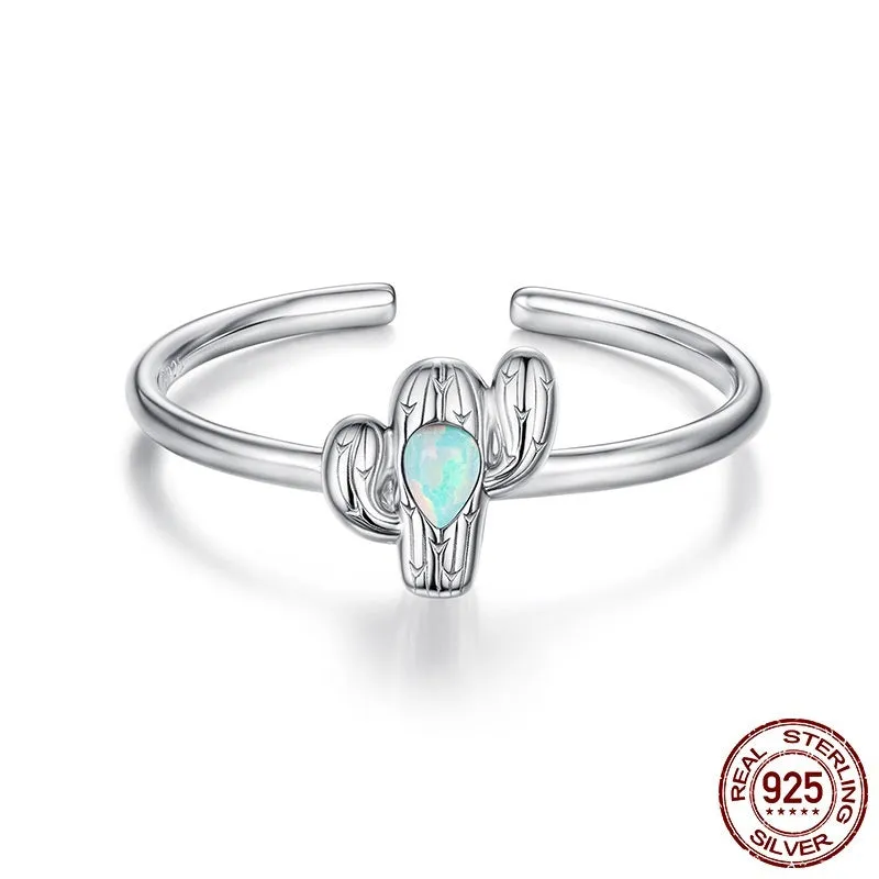Silver cactus open ring 925 sterling silver adjustable opening women's fashion ring