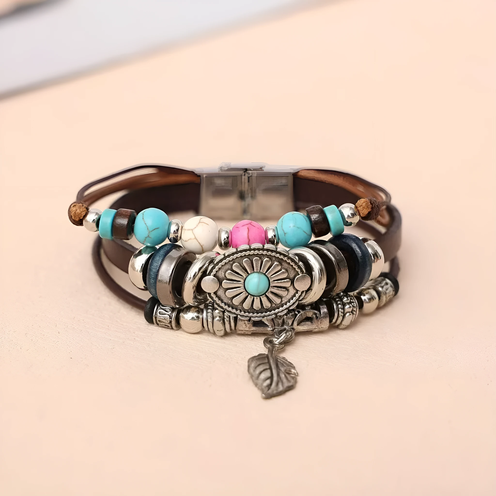 Bohemian ethnic style leather bracelet with turquoise leaf design in brown, unisex 21cm