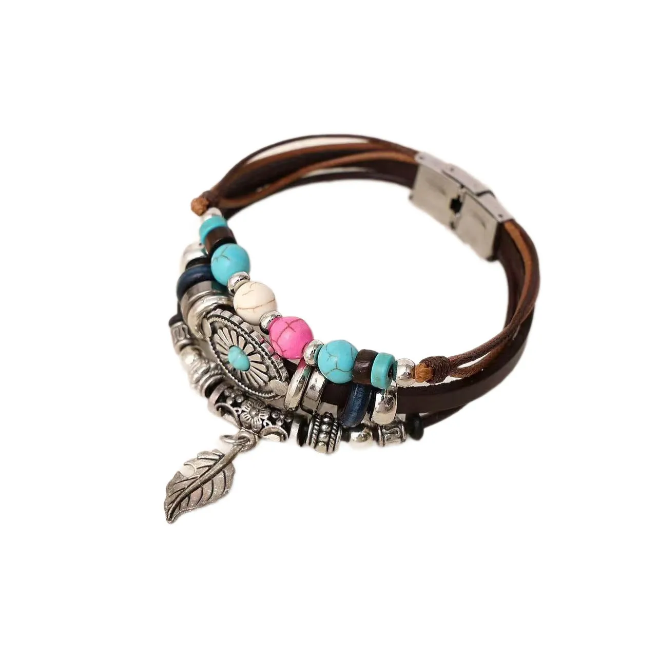 Bohemian ethnic style leather bracelet with turquoise leaf design in brown, unisex 21cm