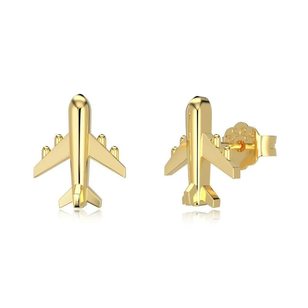 Pair of S925 sterling silver stud earrings with aircraft motif, platinum electroplated finish