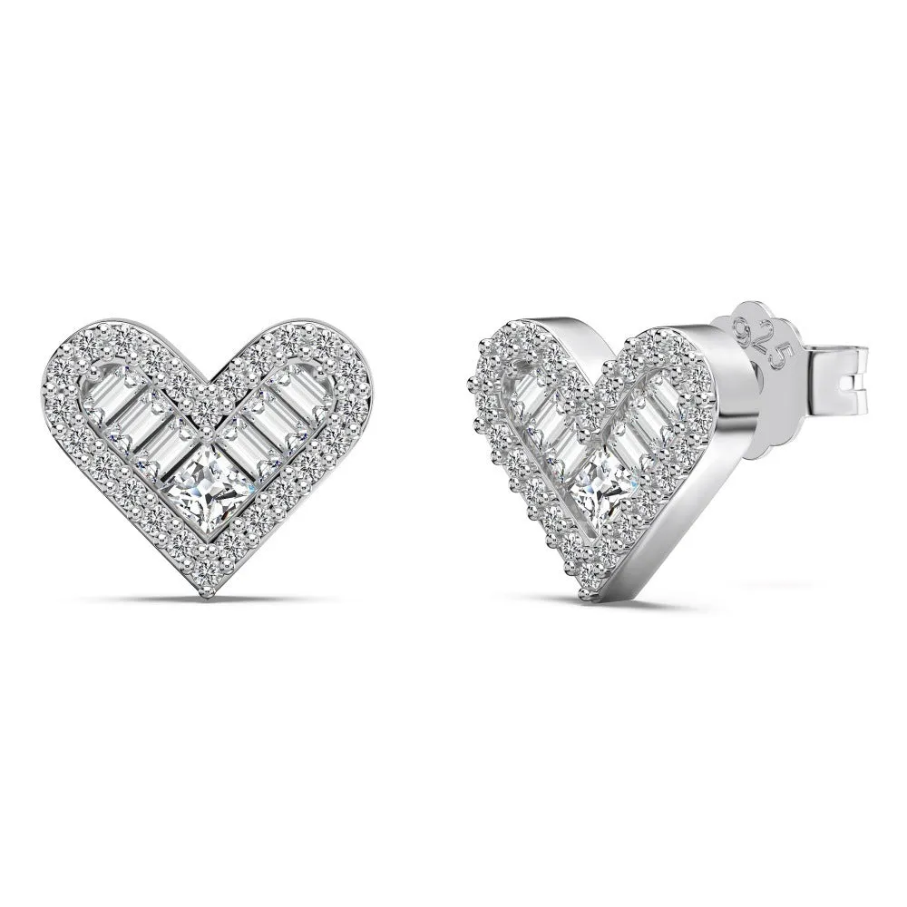 925 sterling silver heart-shaped stud earrings with rhinestone and zircon centre, electroplated, on white background