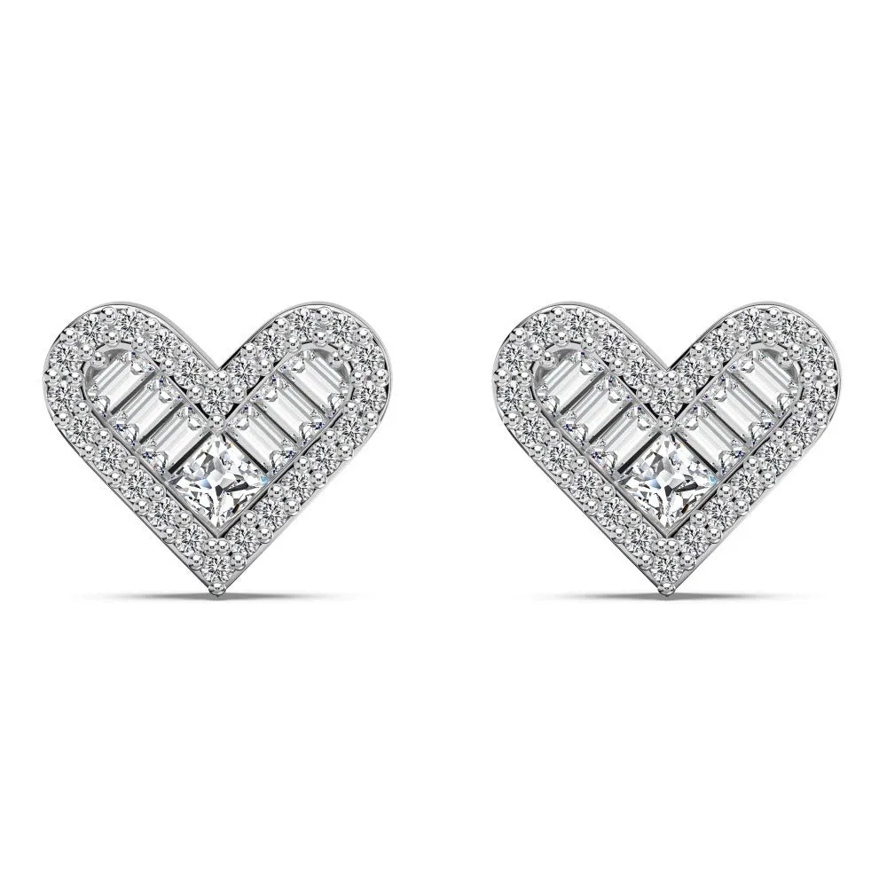 925 sterling silver heart-shaped stud earrings with rhinestone and zircon centre, electroplated, on white background