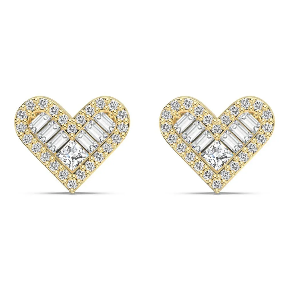 925 sterling silver heart-shaped stud earrings with rhinestone and zircon centre, electroplated, on white background
