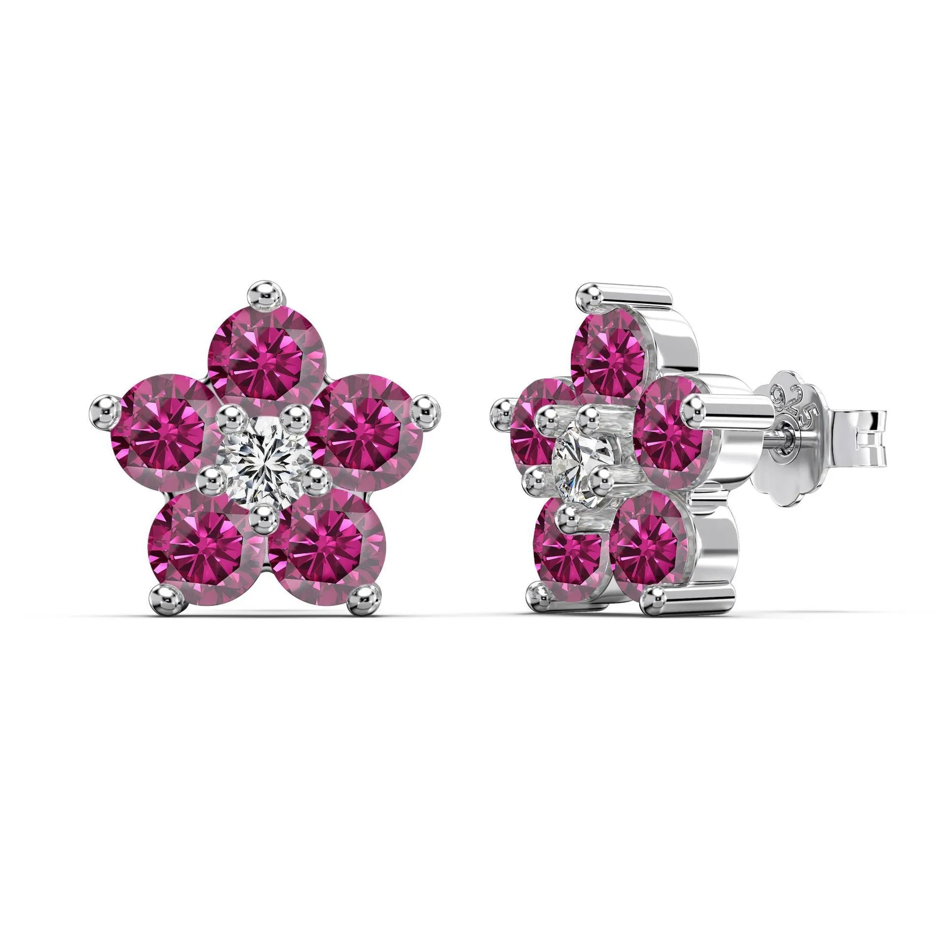 925 silver women's earrings with five flowers and petals on outer circle, electroplated finish