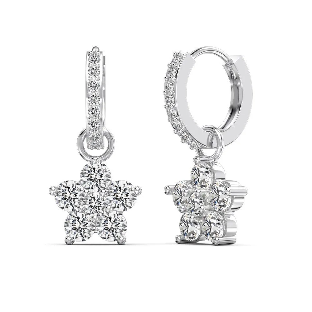 925 silver women's earrings with five flowers and petals on outer circle, electroplated finish