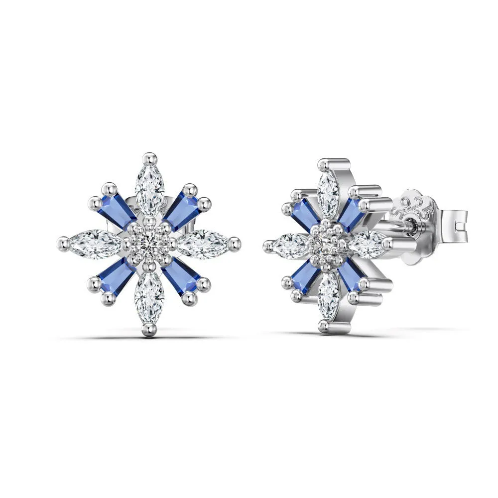 S925 sterling silver snowflake stud earrings in platinum white diamond finish for women