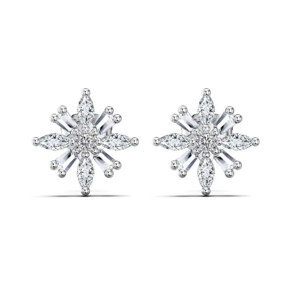 S925 sterling silver snowflake stud earrings in platinum white diamond finish for women