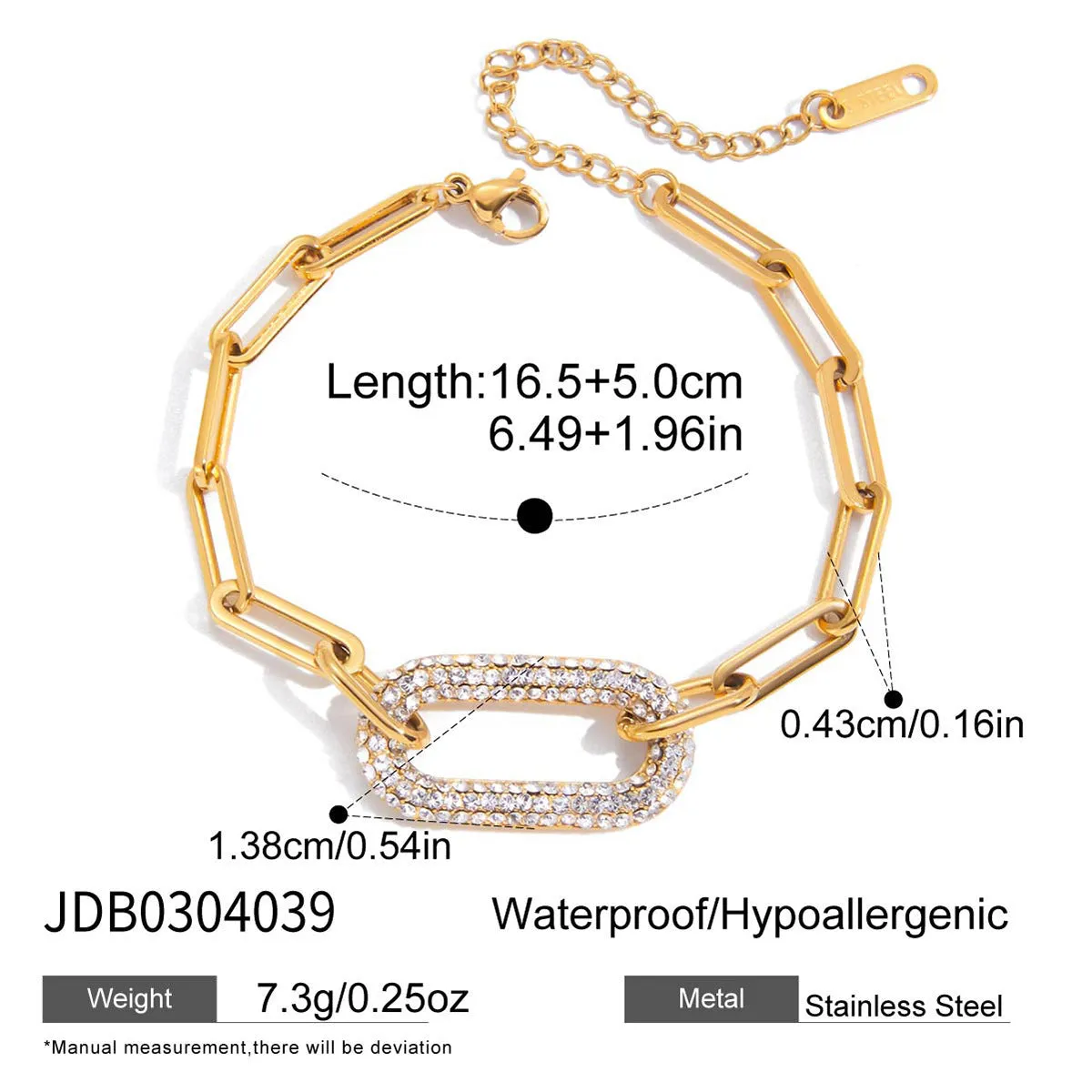Stainless steel electroplated geometric round link bracelet for women on white background