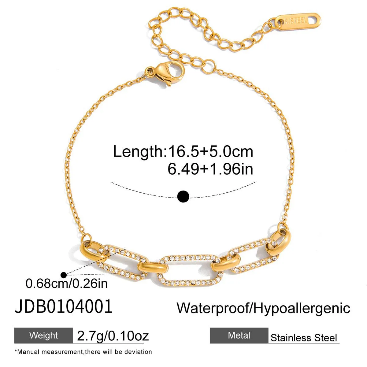 Stainless steel electroplated geometric round link bracelet for women on white background