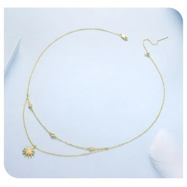 925 silver double-layer O-shaped chain necklace with sun motif pendant in gold opal finish