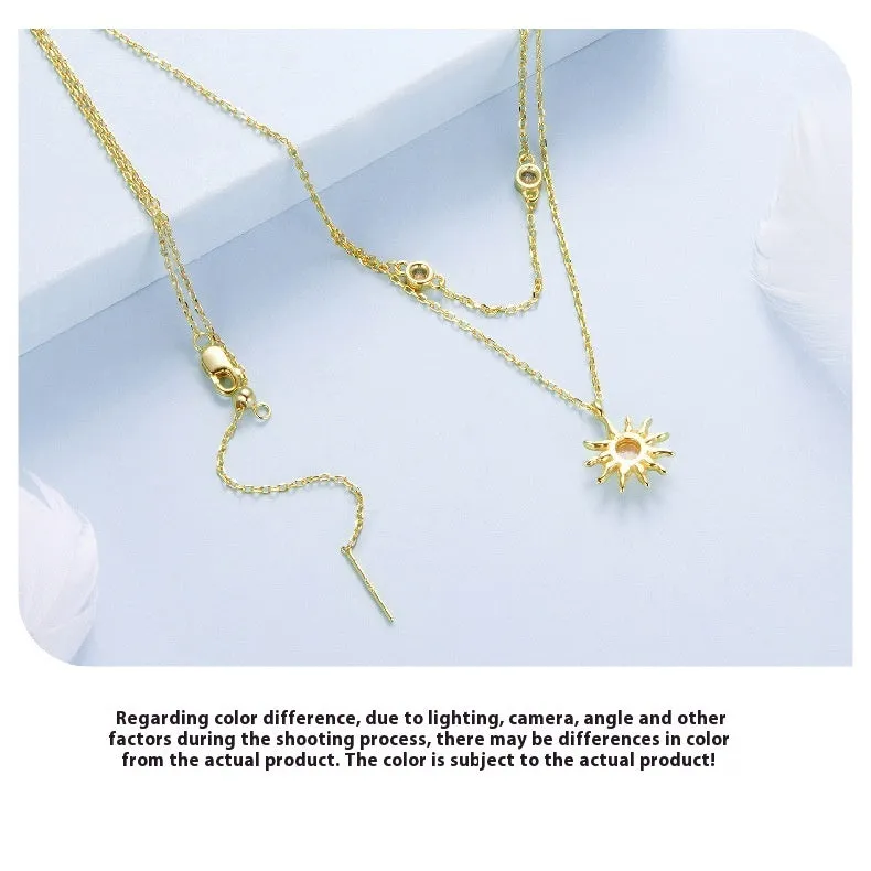 925 silver double-layer O-shaped chain necklace with sun motif pendant in gold opal finish