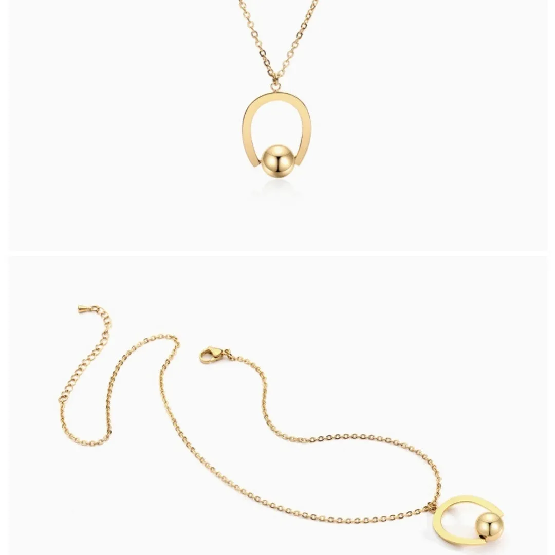 Adjustable stainless steel necklace with cross chain design and geometric pendant in gold colour.