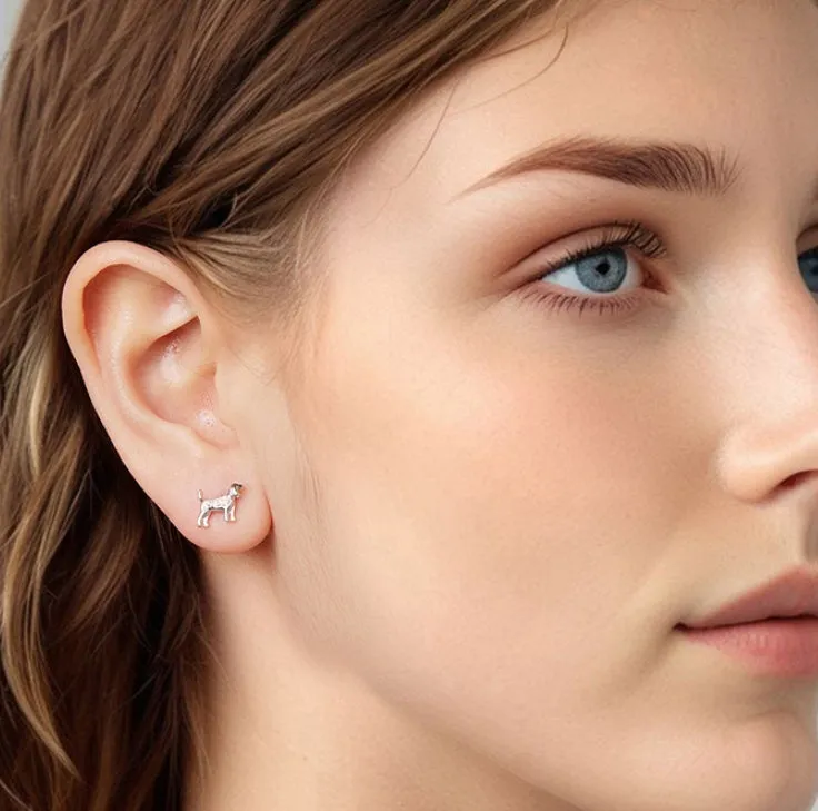 Golden retriever mini ear studs in silver with electroplated finish on a white background