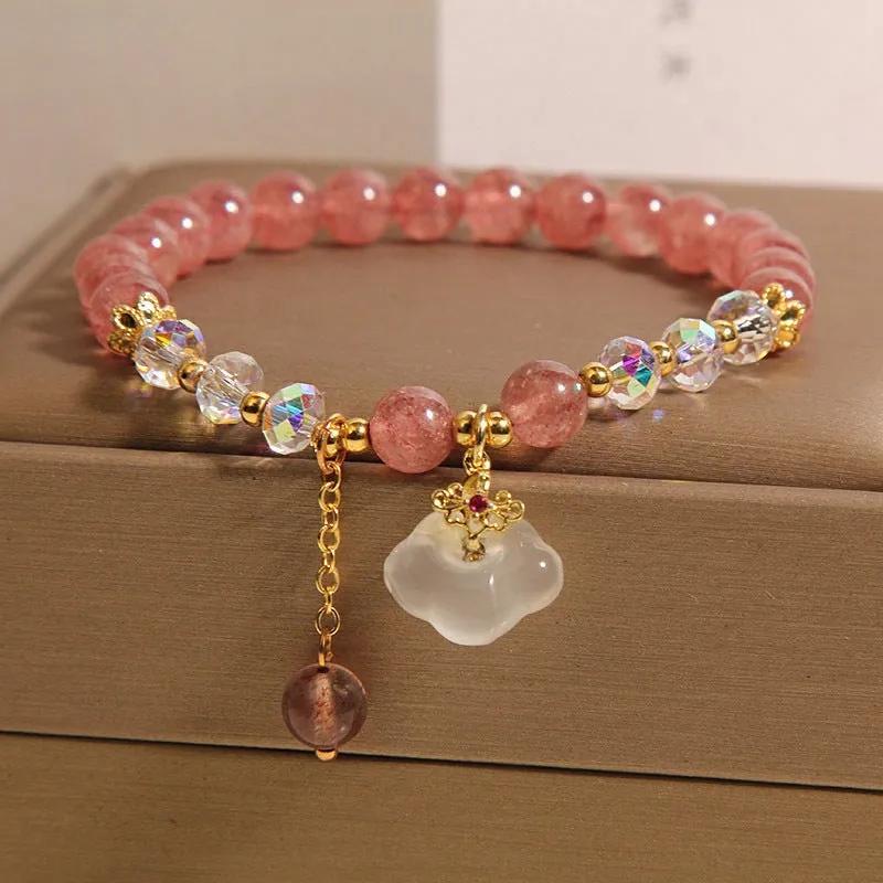 Women's strawberry quartz and white agate crystal bracelet with auspicious cloud design