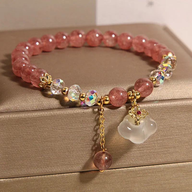 Women's strawberry quartz and white agate crystal bracelet with auspicious cloud design