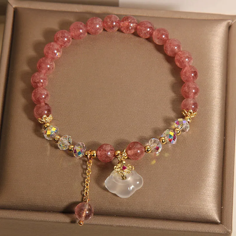 Women's strawberry quartz and white agate crystal bracelet with auspicious cloud design