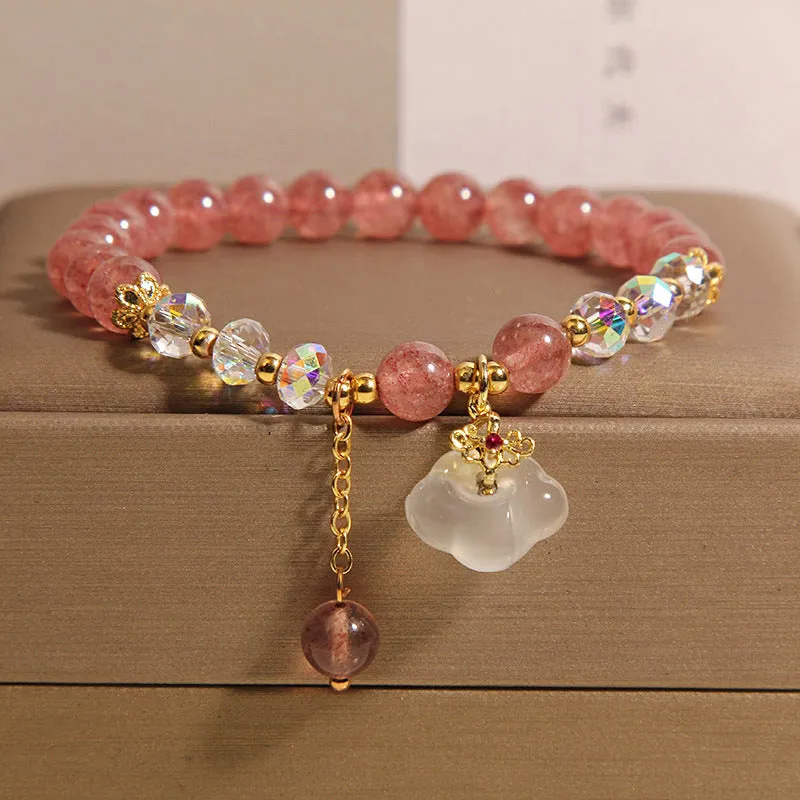 Women's strawberry quartz and white agate crystal bracelet with auspicious cloud design