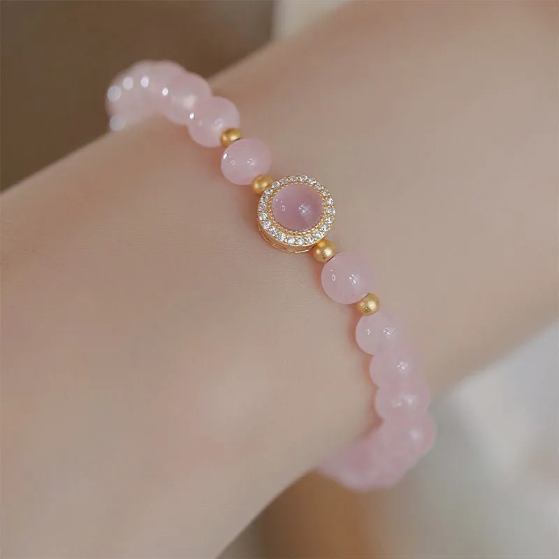 Women's light luxury handmade mixed material crystal bracelet with round beads in pink blue colour