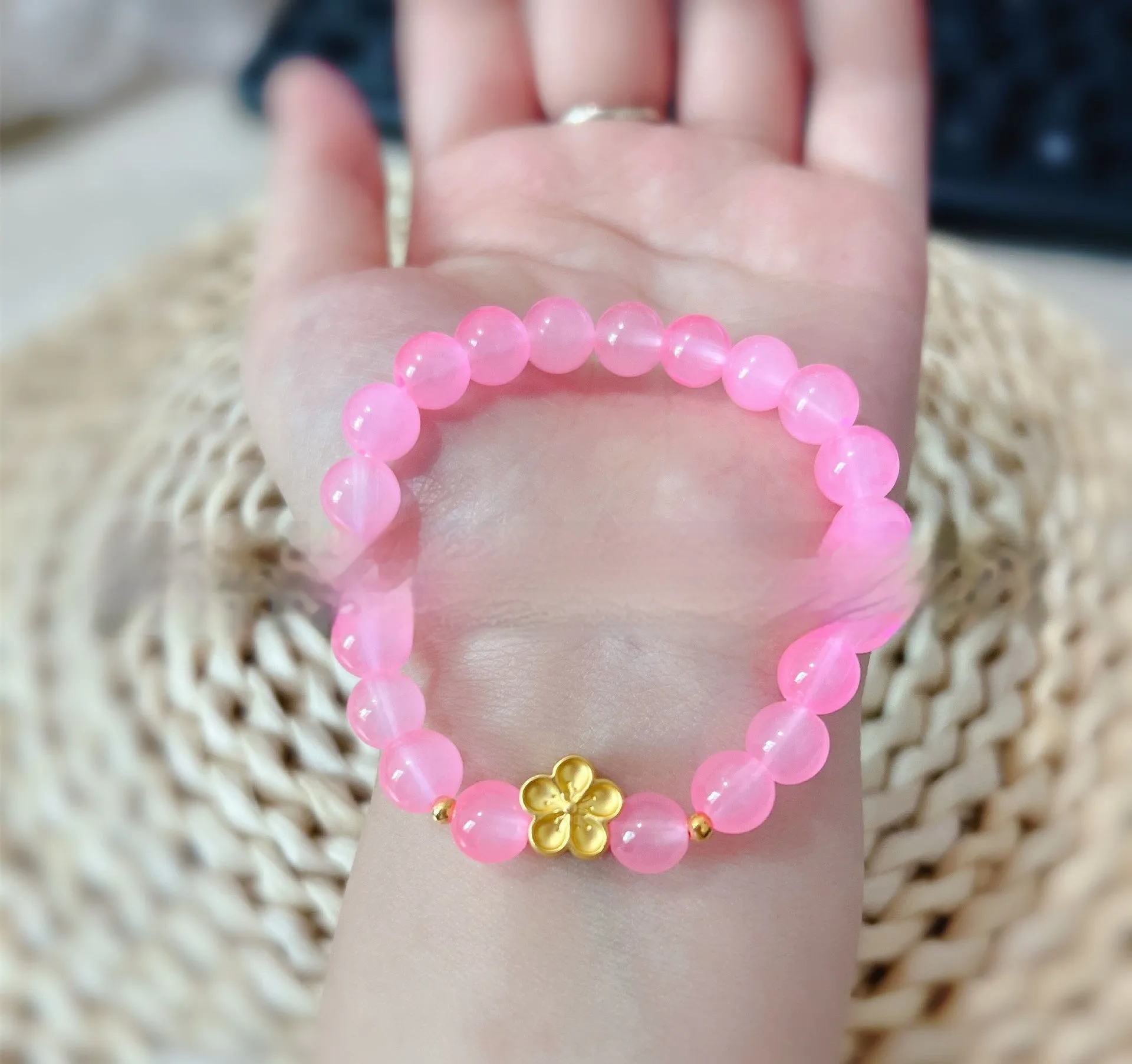 Women's light luxury handmade mixed material crystal bracelet with round beads in pink blue colour