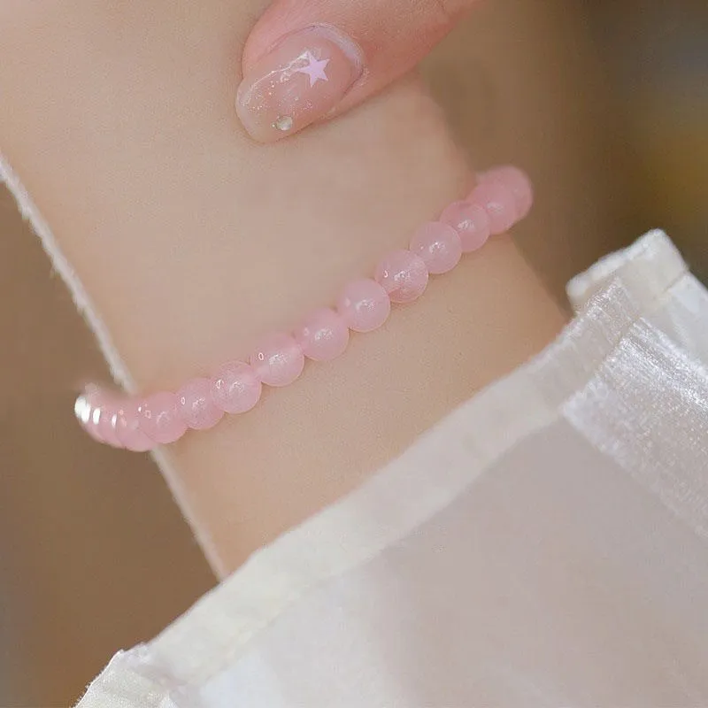 Women's light luxury handmade mixed material crystal bracelet with round beads in pink blue colour