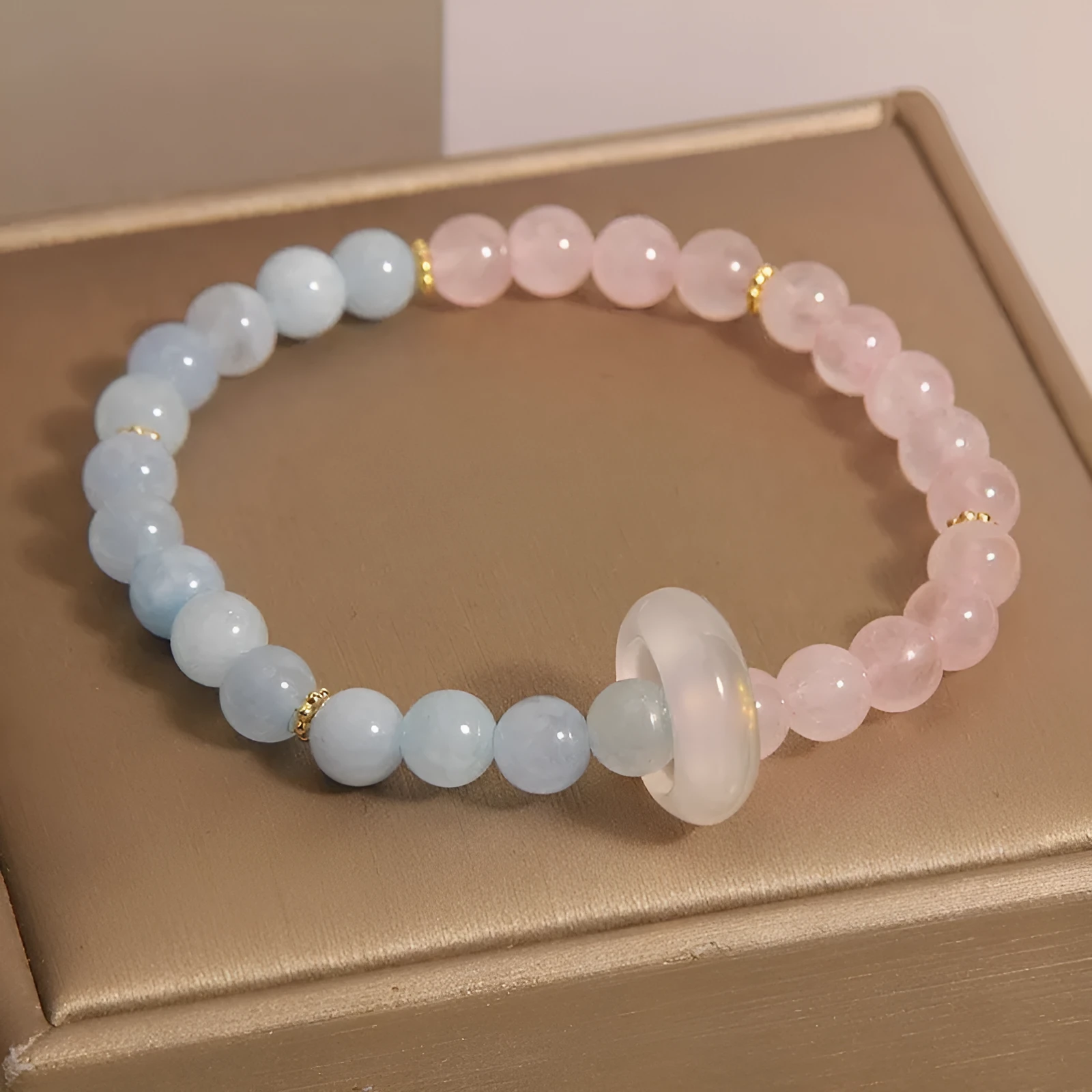 Women's light luxury handmade mixed material crystal bracelet with round beads in pink blue colour