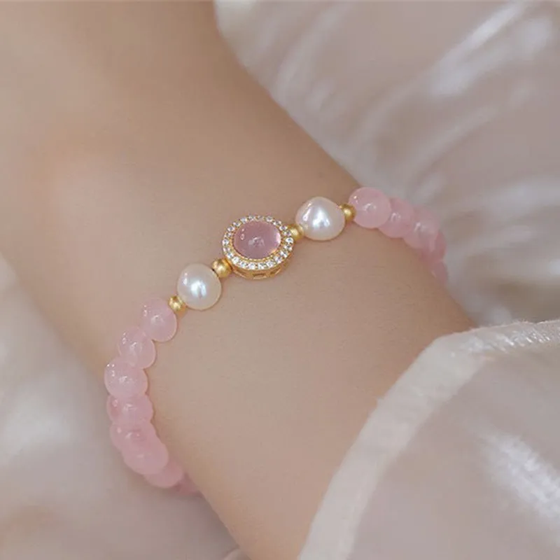 Women's light luxury handmade mixed material crystal bracelet with round beads in pink blue colour
