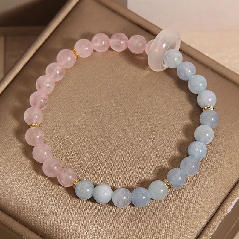 Women's light luxury handmade mixed material crystal bracelet with round beads in pink blue colour