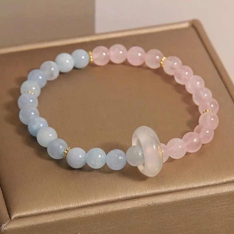 Women's light luxury handmade mixed material crystal bracelet with round beads in pink blue colour