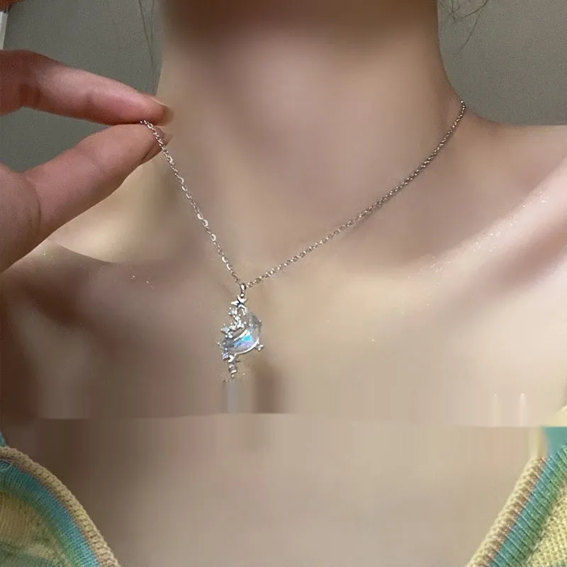 Copper star and crescent moon pendant necklace with tassel, diamond treatment finish, blue or white, on adjustable 31-40cm cross chain