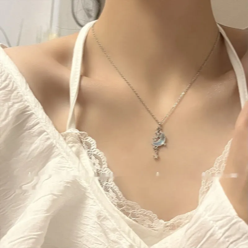 Copper star and crescent moon pendant necklace with tassel, diamond treatment finish, blue or white, on adjustable 31-40cm cross chain