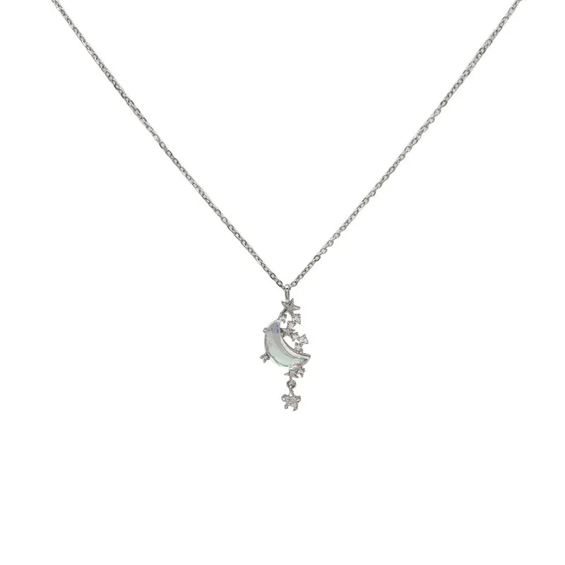 Copper star and crescent moon pendant necklace with tassel, diamond treatment finish, blue or white, on adjustable 31-40cm cross chain