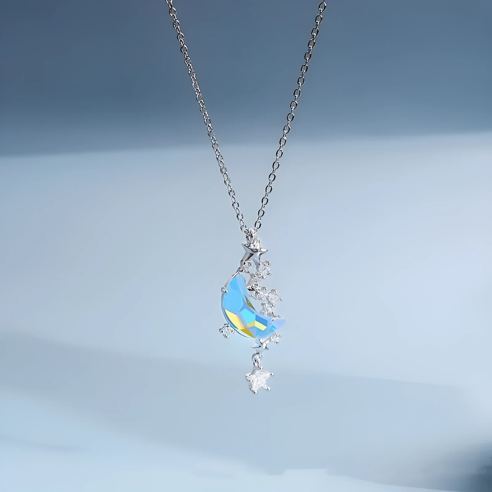 Copper star and crescent moon pendant necklace with tassel, diamond treatment finish, blue or white, on adjustable 31-40cm cross chain