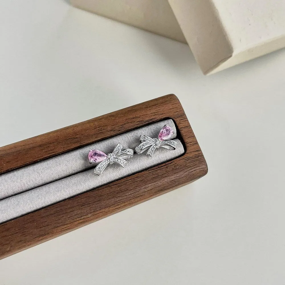 S925 sterling silver butterfly earrings with pear-shaped zircon in blue, pink, and platinum colours