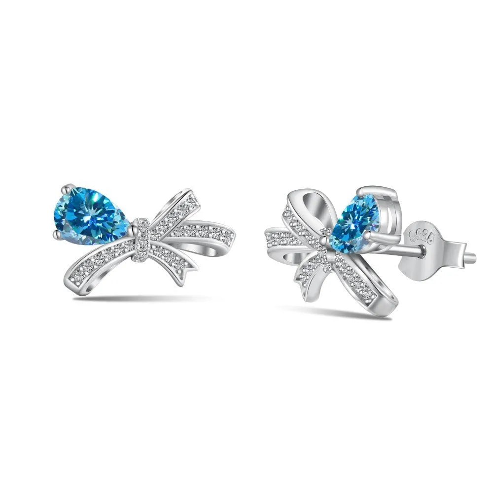 S925 sterling silver butterfly earrings with pear-shaped zircon in blue, pink, and platinum colours