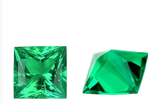 Cultivated emerald gemstones in Columbia green colour showing round, oval and emerald cut examples