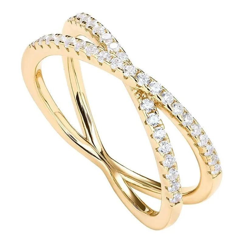 Silver cross ring with diamond-embedded half circle wide band in rose colour finish on white background