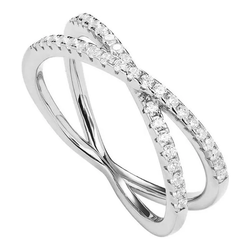 Silver cross ring with diamond-embedded half circle wide band in rose colour finish on white background