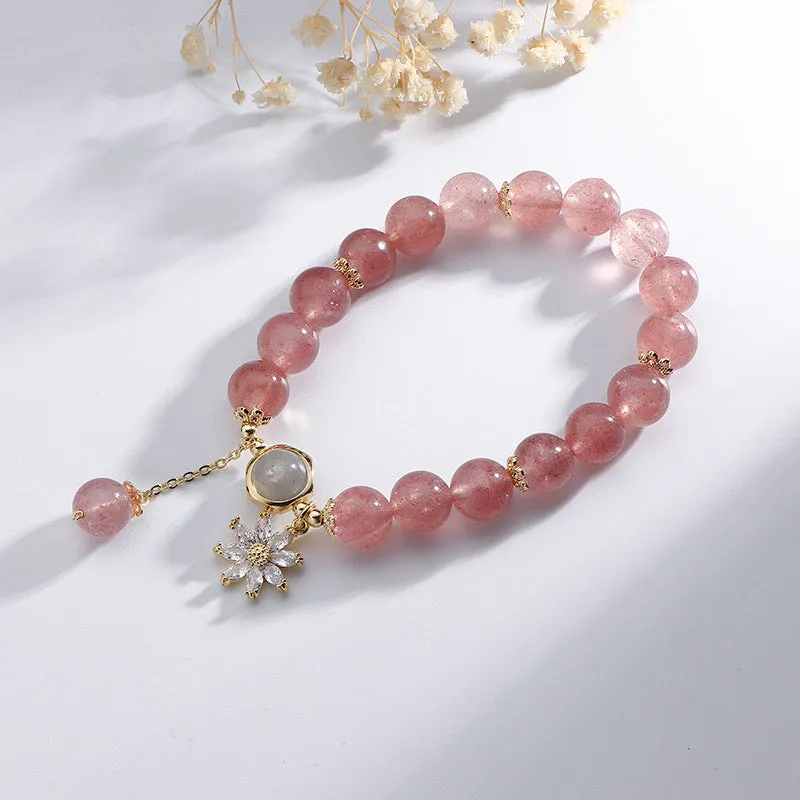 Strawberry quartz crystal bracelet with electroplated floral details in Mori Korean style.