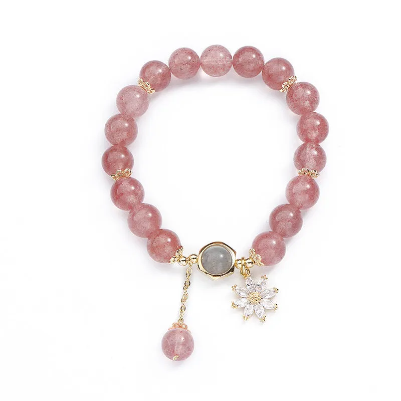 Strawberry quartz crystal bracelet with electroplated floral details in Mori Korean style.