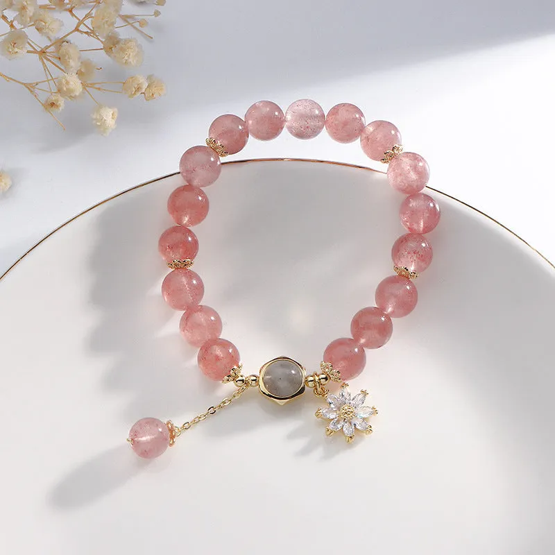 Strawberry quartz crystal bracelet with electroplated floral details in Mori Korean style.
