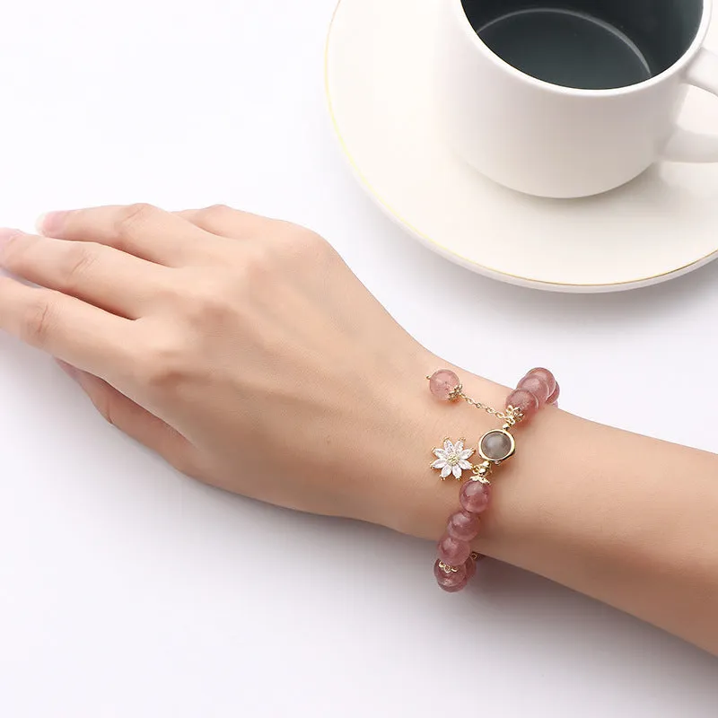 Strawberry quartz crystal bracelet with electroplated floral details in Mori Korean style.