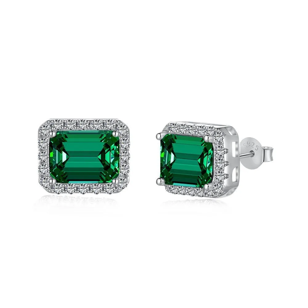 Diamond and emerald symmetry stud earrings in platinum 925 silver 8.5 x 10.5mm