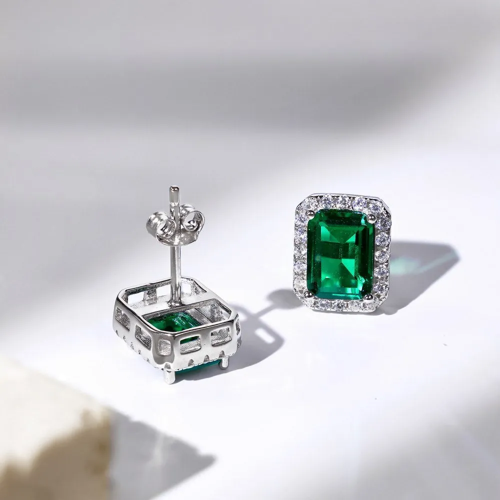 Diamond and emerald symmetry stud earrings in platinum 925 silver 8.5 x 10.5mm